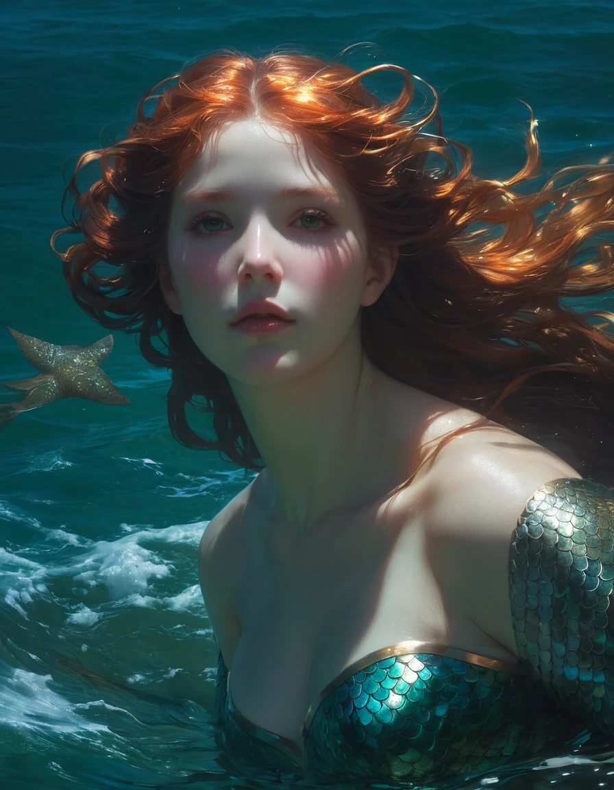 a mermaid in the dark,by Alexandre Cabanel, Bouguereau, Jacob Collins, Solomon J Solomon, John Williams Waterhouse, Lord Frederic Leighton, Tadema, étienne adolphe piot, French Painting --stylize 750.0, comic illustration in the style of Jim Lee --ar 2:3 --v 6.0 designed digital art, trending digital fantasy art,stephen lau and artgerm, as seen on artgerm, artgerm julie bell beeple, stanley artgerm lau, artgerm and ben lo, portrait of , artgerm on artstation pixiv