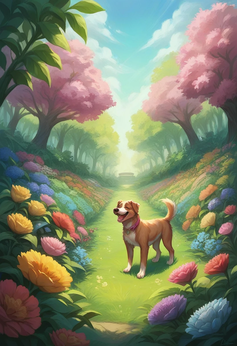 A  playing with a dog in a vibrant, detailed garden. The scene is filled with bright, colorful flowers, lush green grass, and detailed landscaping. In the background, an arching rainbow adds a magical touch to the setting. The  is laughing and the dog is joyful, both surrounded by the vivid beauty of the garden.