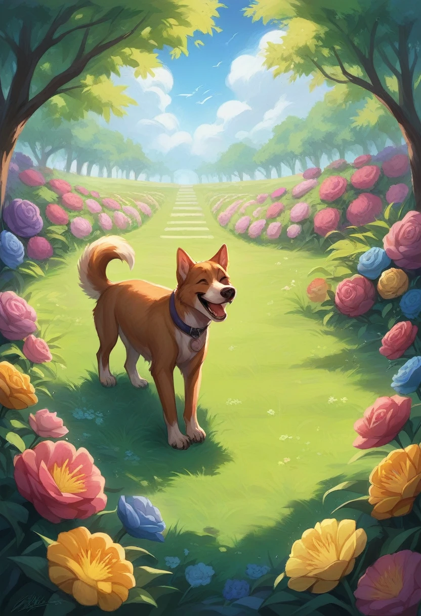 A playing with a dog in a vibrant, detailed garden. The scene is filled with bright, colorful flowers, lush green grass, and detailed landscaping. In the background, an arching rainbow adds a magical touch to the setting. The is laughing and the dog is joyful, both surrounded by the vivid beauty of the garden.