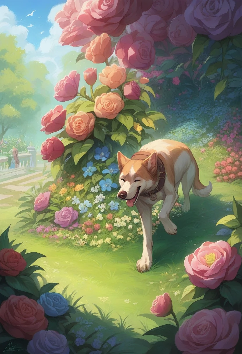 A playing with a dog in a vibrant, detailed garden. The scene is filled with bright, colorful flowers, lush green grass, and detailed landscaping. In the background, an arching rainbow adds a magical touch to the setting. The is laughing and the dog is joyful, both surrounded by the vivid beauty of the garden.