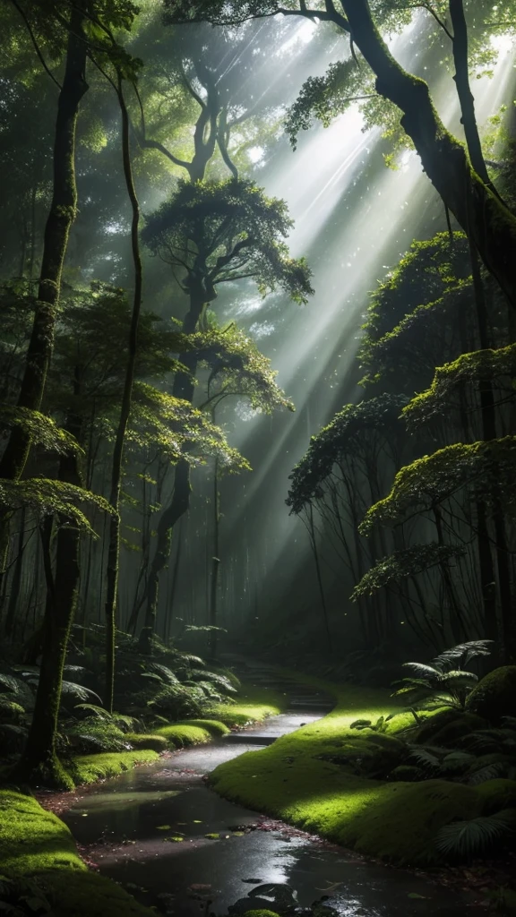 A tranquil forest scene with dark clouds overhead, light rain gently falling, and rays of sunlight breaking through the canopy. The raindrops glisten on the lush leaves and moss-covered ground, creating a serene and magical atmosphere. Illustrate this scene with delicate, intricate details, capturing the contrast between the dark clouds and the sunlit forest floor. Use vibrant, rich colors to highlight the wet foliage and the play of light and shadow."