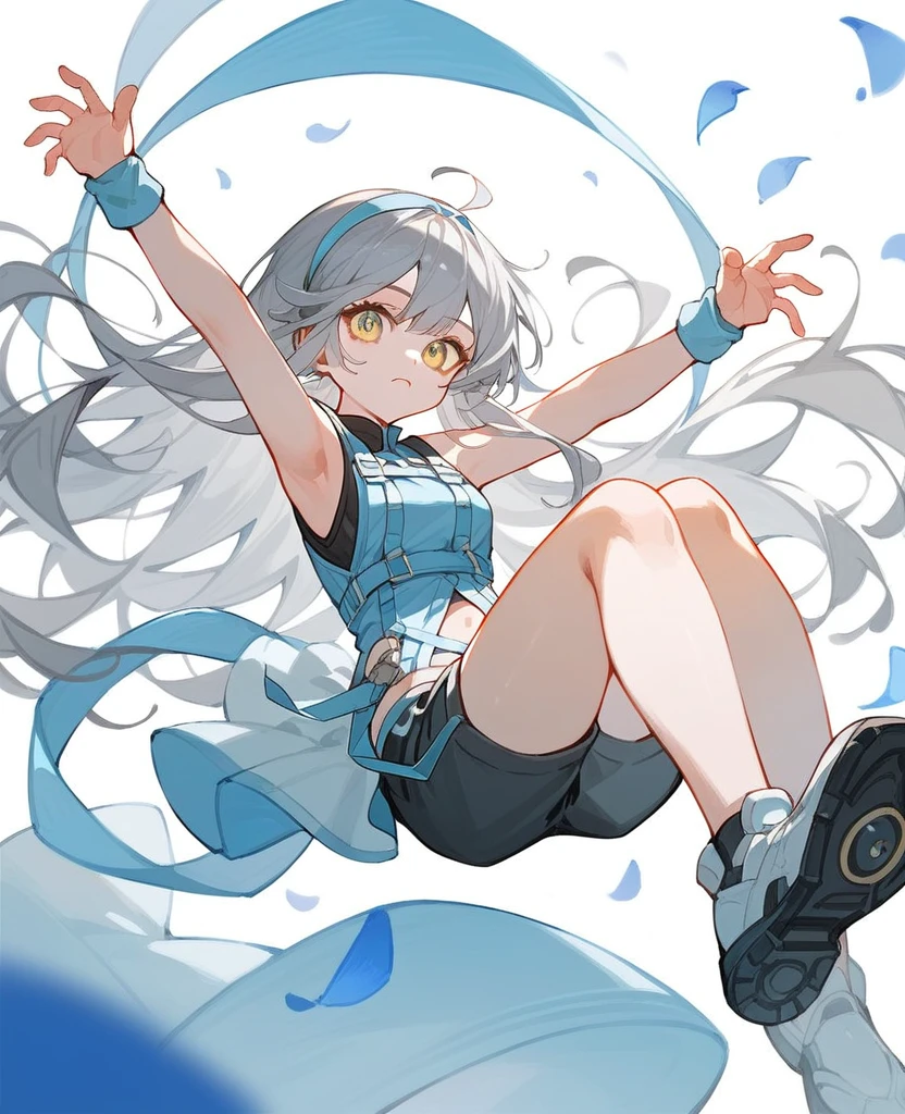 dynamic pose, neat black sleeveless, yellow eyes, gray hair카락, light blue petals, shorts, ((high quality)), light blue band on knees, white wing band, 1 woman, long hair, Osage Twindale, gray hair, light blue harness