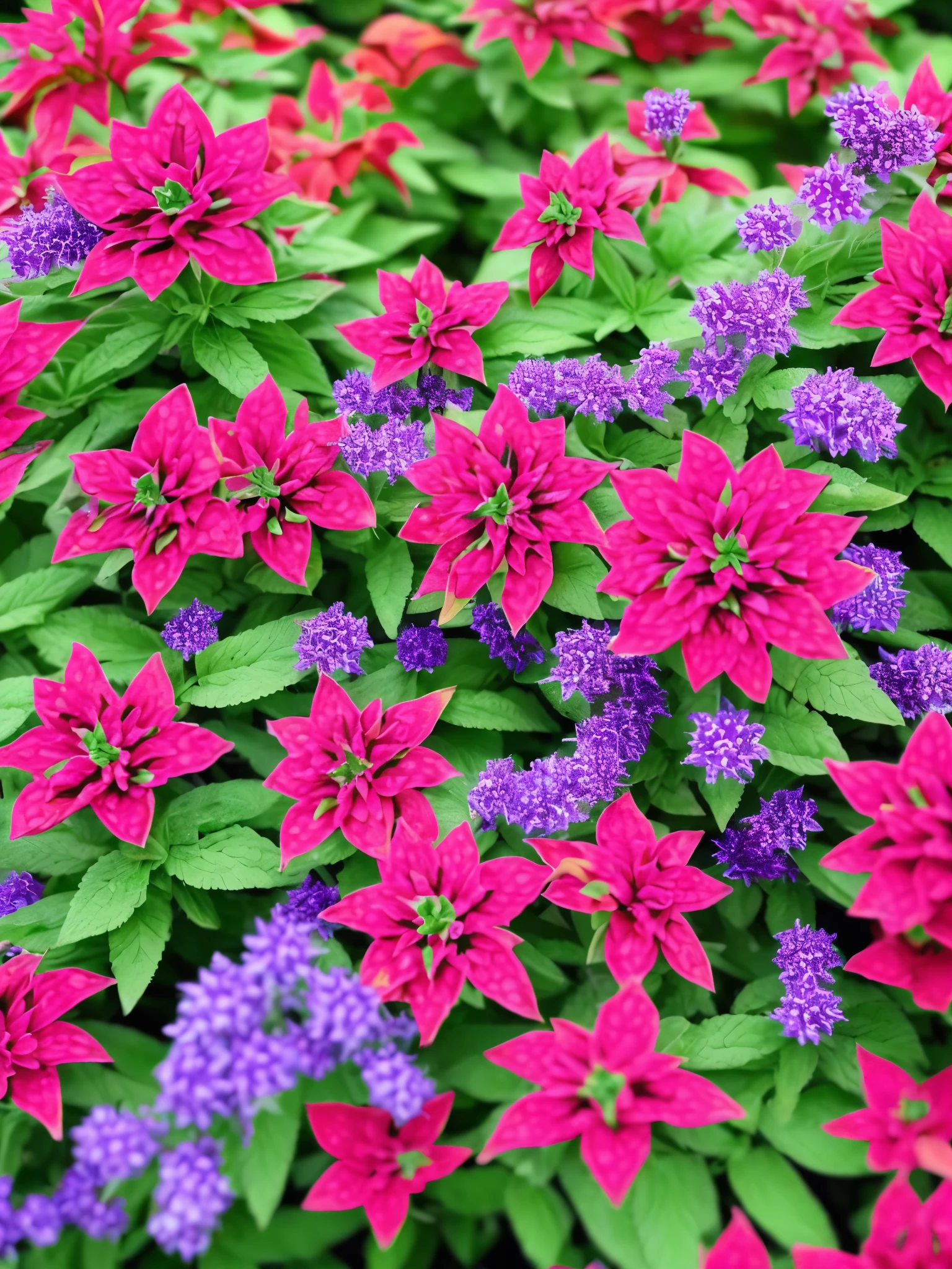 a close up of a planter with red flowers in a garden, lobelia, red and magenta flowers, ❤🔥🍄🌪, ( visually stunning, salvia, very stylized, purple and red flowers, very colourful, purple and scarlet colours, beautiful composition, beutiful!, by Albert Bertelsen, highly colorful, nice deep colours, red flowers