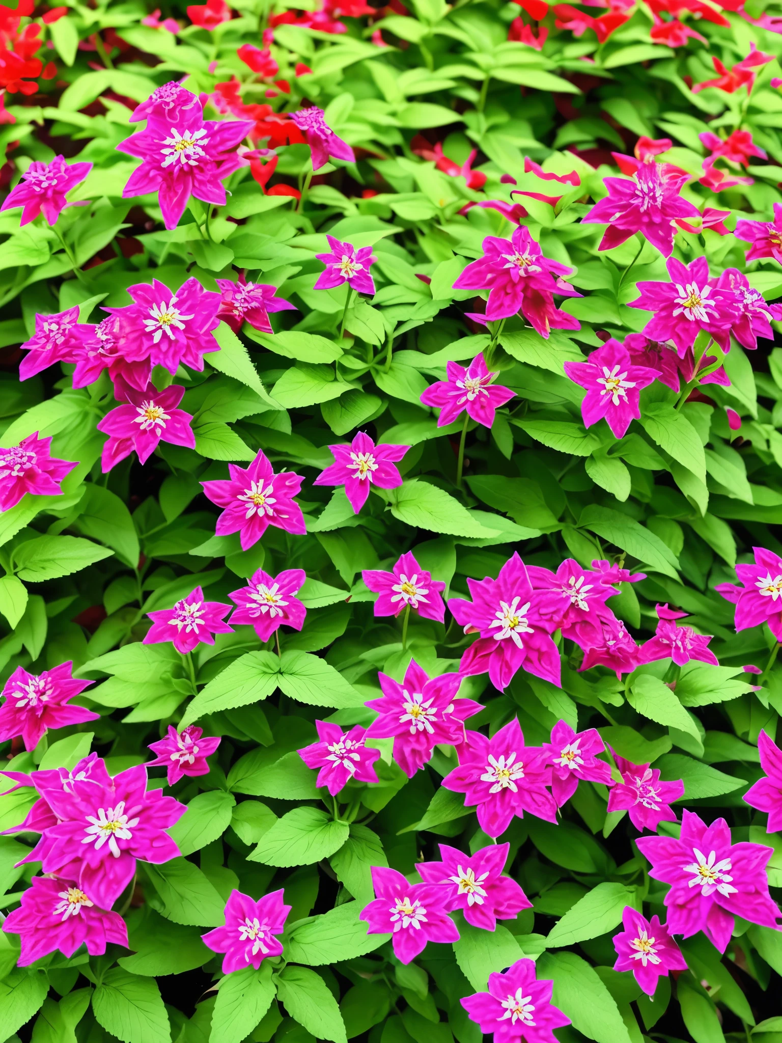 a close up of a planter with red flowers in a garden, lobelia, red and magenta flowers, ❤🔥🍄🌪, ( visually stunning, salvia, very stylized, purple and red flowers, very colourful, purple and scarlet colours, beautiful composition, beutiful!, by Albert Bertelsen, highly colorful, nice deep colours, red flowers