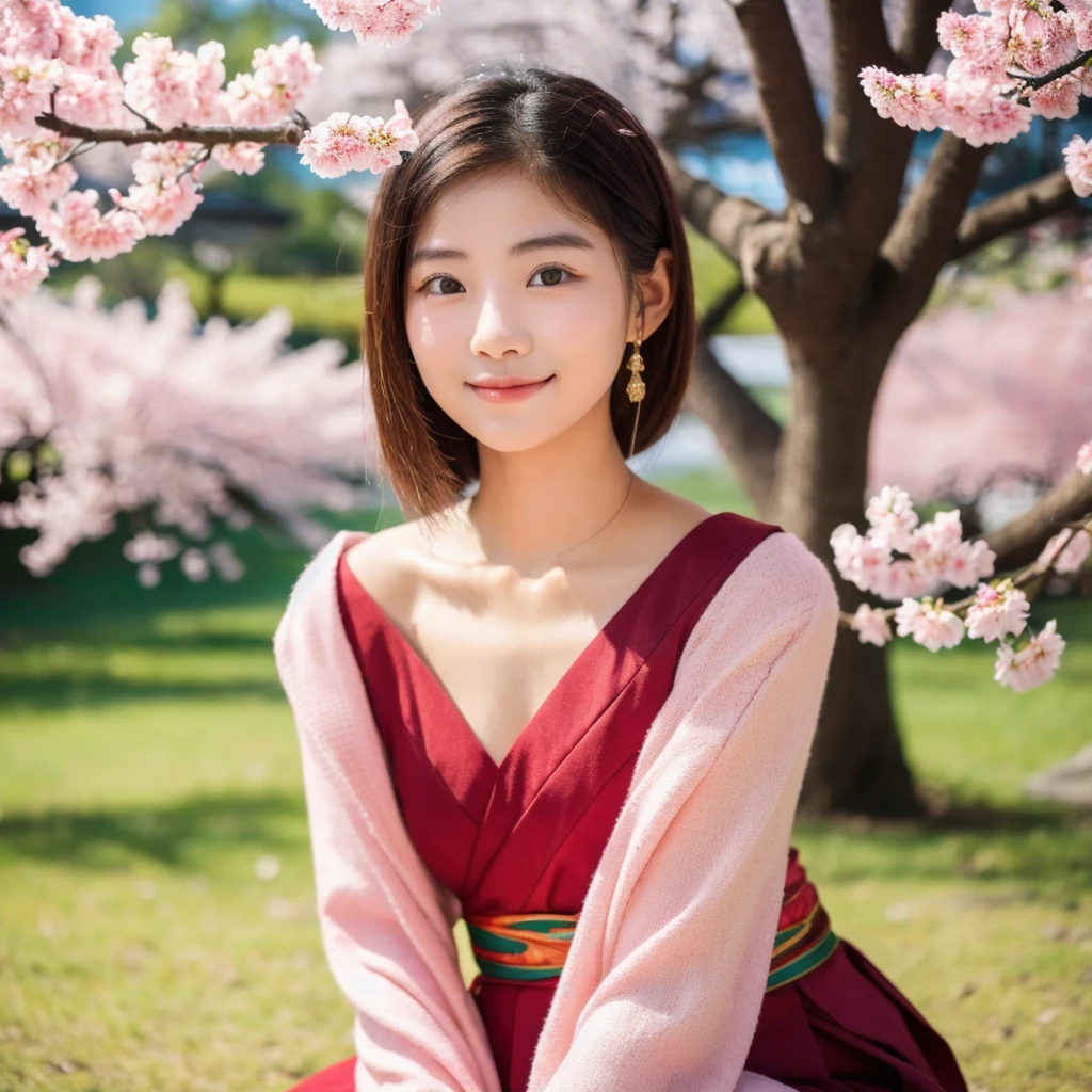 A beautiful girl from myanmar is sitting under the sakura tree