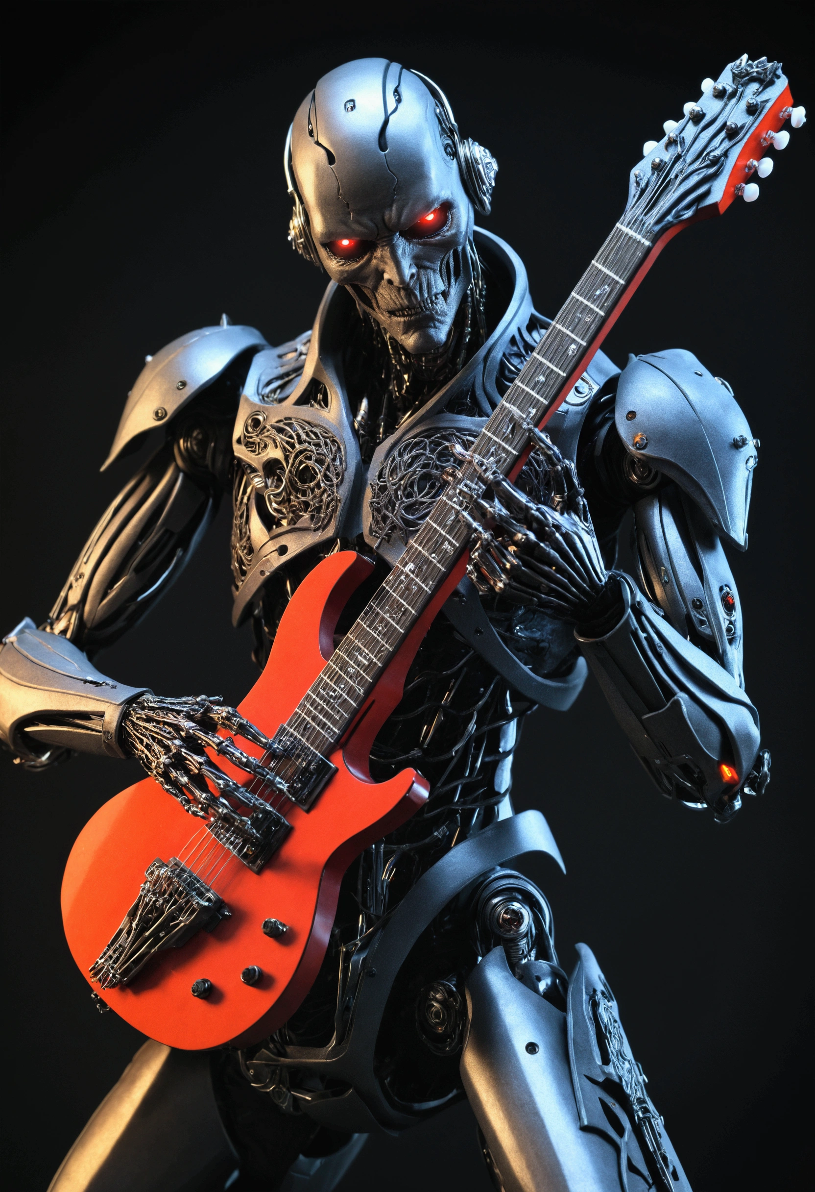 ((best quality)), ((​masterpiece)), (detailed), Dark Cyborg Android Robot Guitar Player from Hell, full figure, electric Guitar Player from Hell, full figure, Electric guitar, dark fantasy, dark fantasy, dark scify, high detail