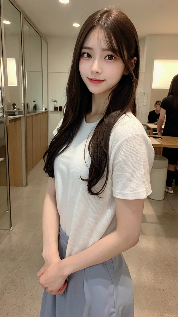 (masterpiece:1.3), (8k, Photorealistic, RAW Photos, Best image quality: 1.4), 20-year-old girl、(Random Hairstyles:1.2)、Super detailed face、Attention to detail、double eyelid、Sharp focus:1.2、Beautiful woman:1.4、Light brown hair、Highest quality、masterpiece、Ultra-high resolution、(Photorealistic:1.4)、Highly detailed and professional lighting、Brown nits、thin、smile、Black long hair、Deadly position、Clear Skin、Random pose、Shiny Hair、Sculpture model pose、