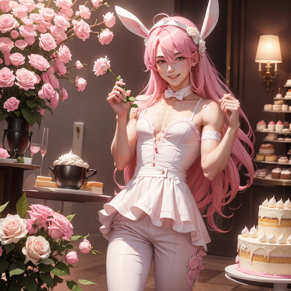 ung man,pink hair,Swipe left,Big bunny ears on the head,red eyes,Bright atmosphere,lucrative,smile,cute,cake,white rose garden,pink dress,trousers,Stockings above the knee