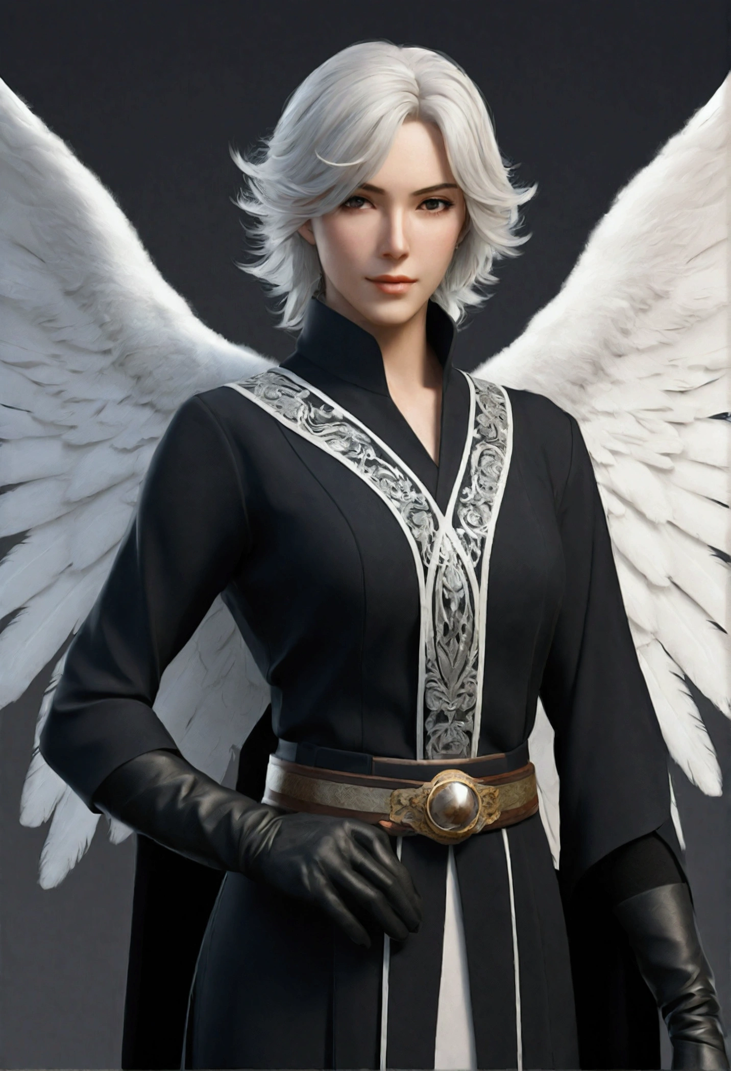 a female angel character, 50 years old, view point; full front view.
• HEAD: beautiful face, full white eyes, longest flowing white hair, has a ring of light, heigh 190 cm.
• BODY: wering white black robe, white gloves, wearing black stocking, wearing black boots, has a pair wing, behind his body theres a large ring of light, handle a black book.
• POSE: standing, full body.
• BACKGROUND: White.
• ART STYLE: anime 3D. 4K HD ULTRA PICTURE.