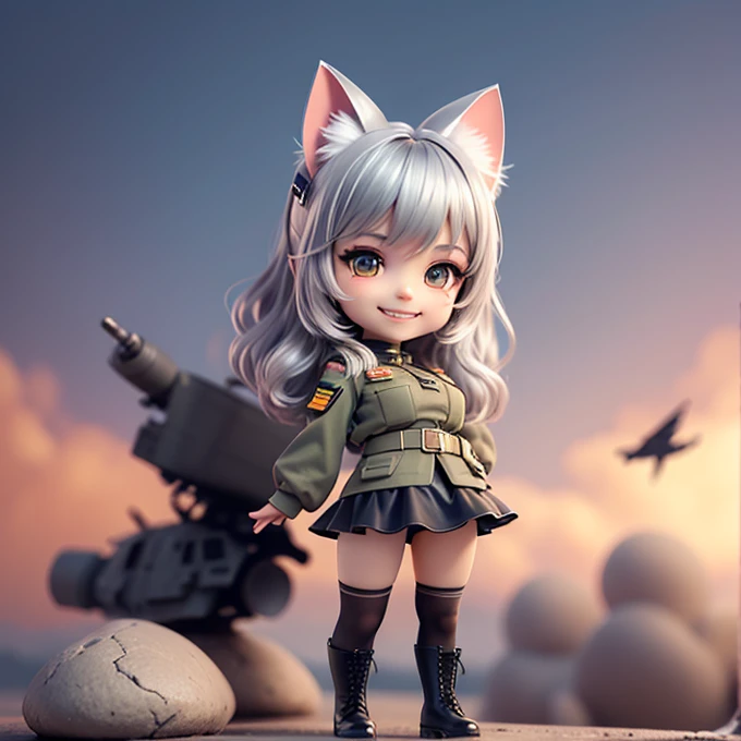 Chibi Character, A silver-haired girl with cat ears wearing a military uniform, smile, mini skirt, See-through tights, Combat Boots, （Grin:1.3）, Air strikes in the background