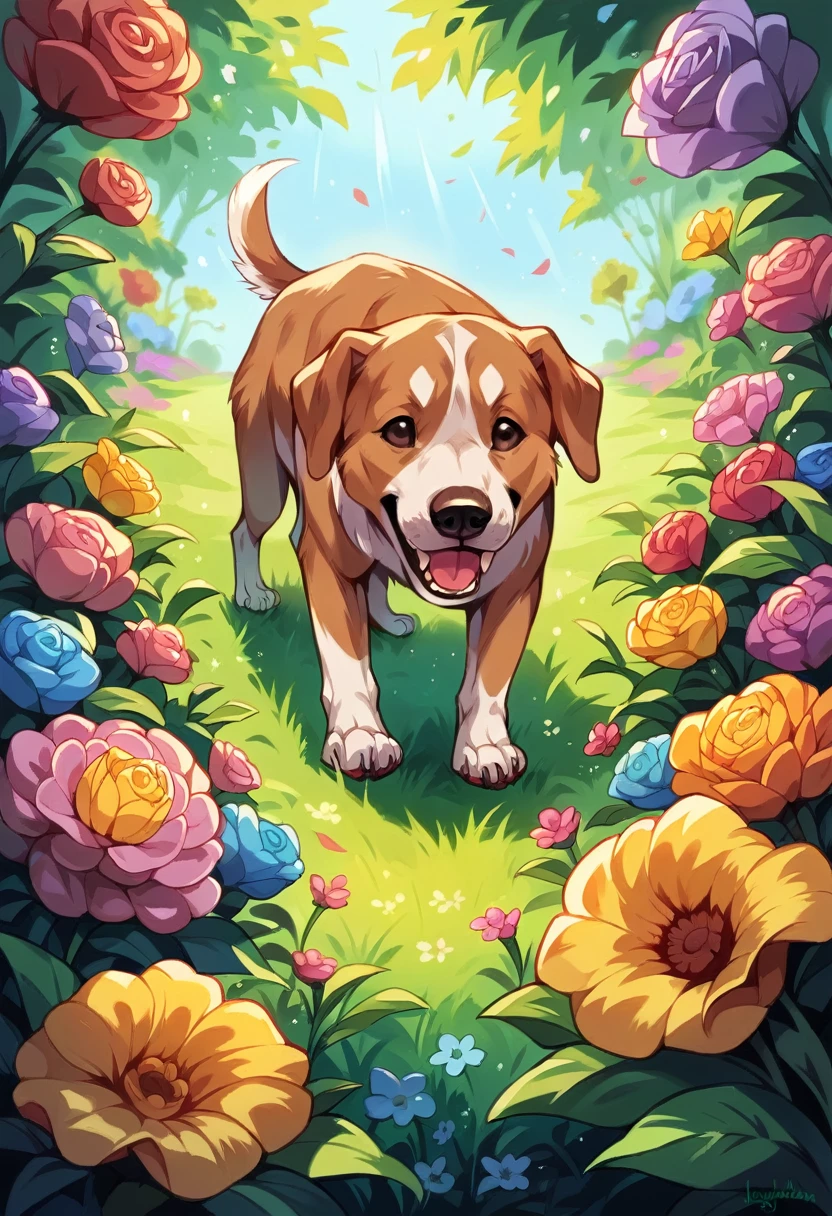 A  playing with a dog in a vibrant, detailed garden. The scene is filled with bright, colorful flowers, lush green grass, and detailed landscaping. In the background, an arching rainbow adds a magical touch to the setting. The  is laughing and the dog is joyful, both surrounded by the vivid beauty of the garden.
