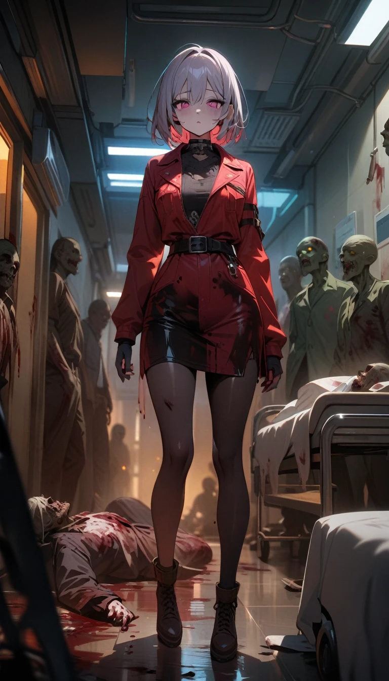 ((best quality)) , ((masterpiece)) , (detailed),1girl,Zombies, corrupt bodies, black blood, in the hospital,((full body))