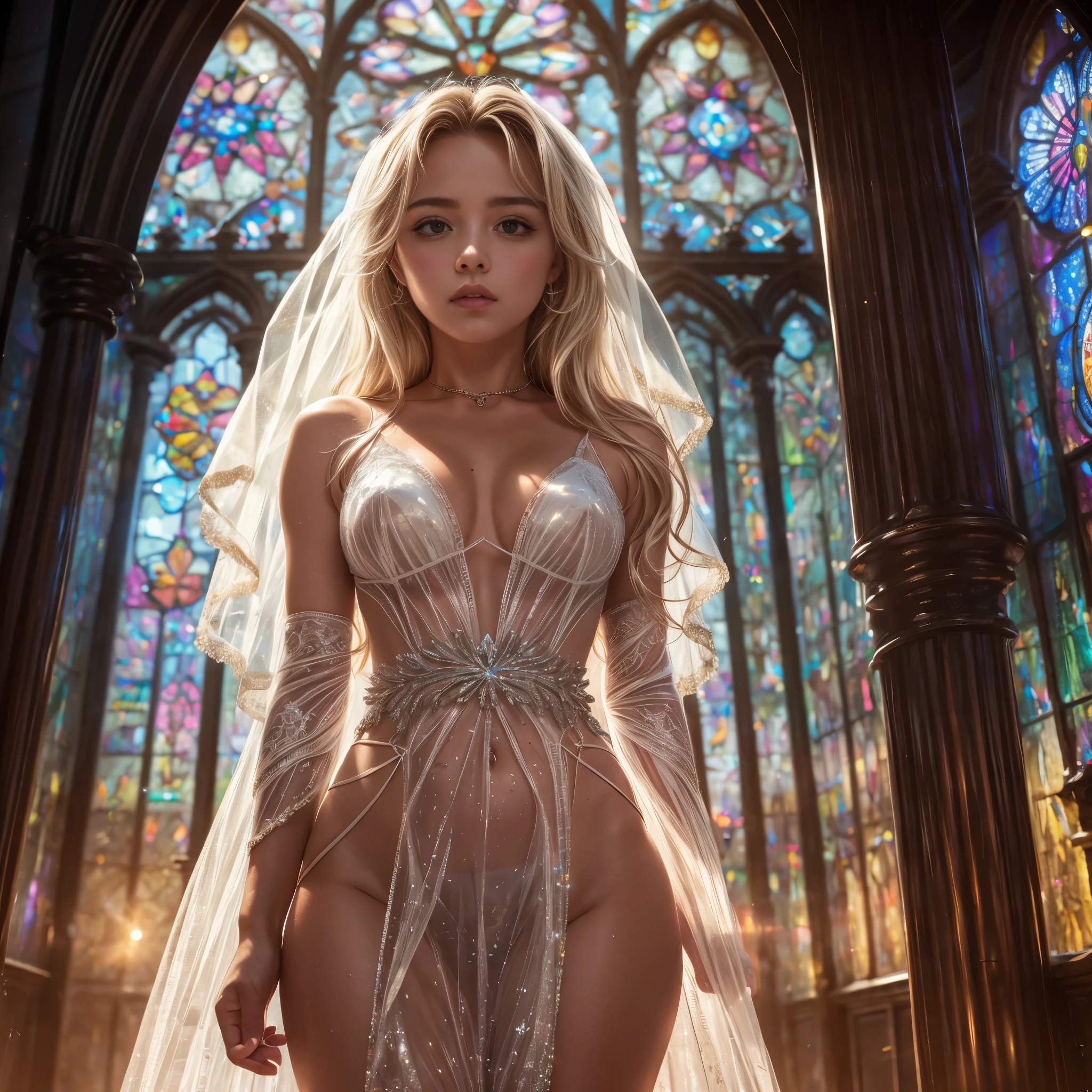  (Cathedral from below:1.28) (ZoomLayer) TopQuality 8K masterpiece of ((Professional photo)), (((Clarisse de Cagliostro))) (Detailed White WeddingDresses), Chain, (((Extremely detailed KAWAII face))) {((VeiledFace))|BlondeHair|(Elaborate BuleEyes)with(SparklingHighlights:1.28)}, The background is distant (((Elaborate stained glass))) Rainbow Glass, {(MysticSight)|EnchantingAtmosphere|Haze|(GodRays)|TyndallEffect}, Radiant PearlSkin with Transparency, (Exposed:0.39)