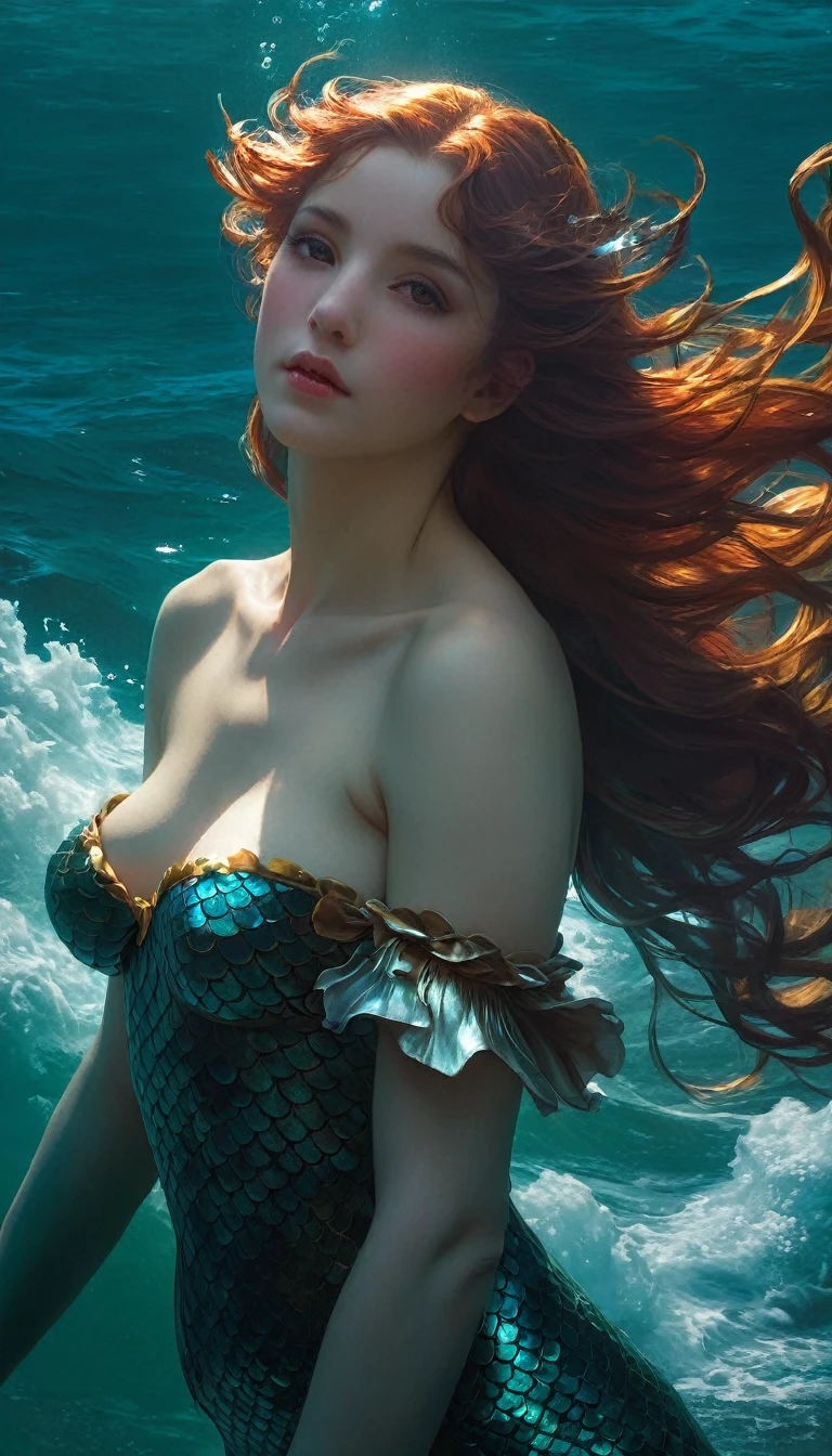Mermaid Princess, macro mermaid princess swimming in the ocean; Epic cinematic brilliant stunning intricate meticulously detailed dramatic atmospheric maximalist digital matte painting Mark Brooks and Dan Mumford, comic book art, perfect, smooth oil painting by James Gurney trending on Artstation Unreal Engine 5 3D shading shadow depth volumetric lighting