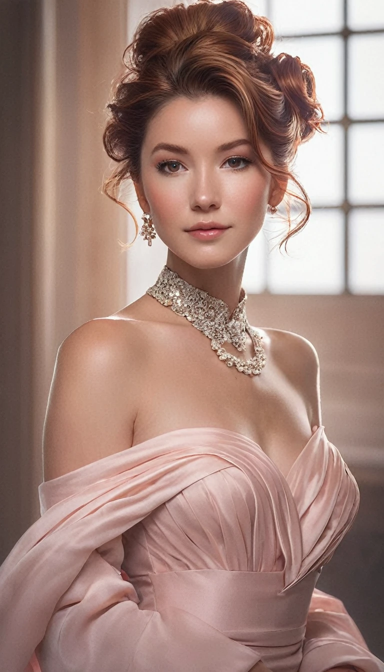 a young woman wearing a modest formal dress. her brown hair is in an updo. she wears simple jewelry. she has blush on her cheeks and a shy smile on her face.comic illustration in the style of Jim Lee --ar 2:3 --v 6.0 designed digital art, trending digital fantasy art,stephen lau and artgerm, as seen on artgerm, artgerm julie bell beeple, stanley artgerm lau, artgerm and ben lo, portrait of , artgerm on artstation pixiv