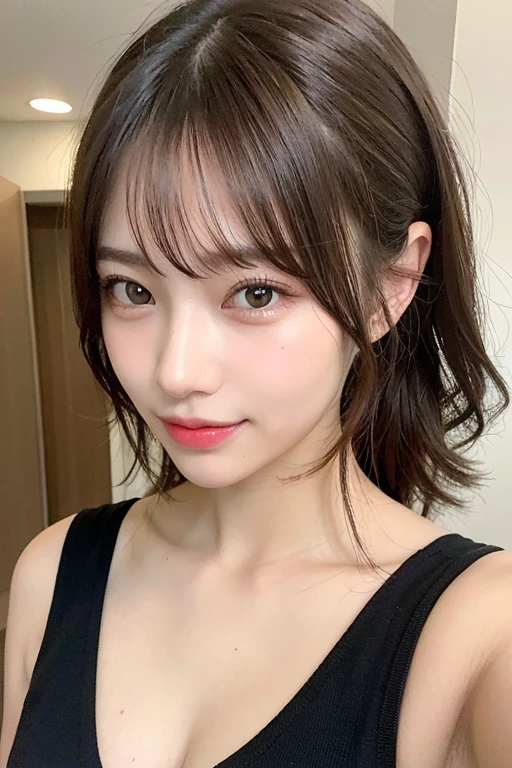 (masterpiece:1.3), (8k, Photorealistic, RAW Photos, Best image quality: 1.4), 20-year-old girl、(Random Hairstyles:1.2)、Super detailed face、Attention to detail、double eyelid、Sharp focus:1.2、Beautiful woman:1.4、Light brown hair、Highest quality、masterpiece、Ultra-high resolution、(Photorealistic:1.4)、Highly detailed and professional lighting、Brown nits、thin、smile、Black long hair、Deadly position、Clear Skin、Random pose、Shiny Hair、Sculpture model pose、