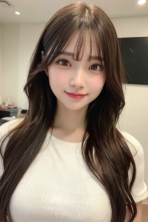 (masterpiece:1.3), (8k, Photorealistic, RAW Photos, Best image quality: 1.4), 20-year-old girl、(Random Hairstyles:1.2)、Super detailed face、Attention to detail、double eyelid、Sharp focus:1.2、Beautiful woman:1.4、Light brown hair、Highest quality、masterpiece、Ultra-high resolution、(Photorealistic:1.4)、Highly detailed and professional lighting、Brown nits、thin、smile、Black long hair、Deadly position、Clear Skin、Random pose、Shiny Hair、Sculpture model pose、