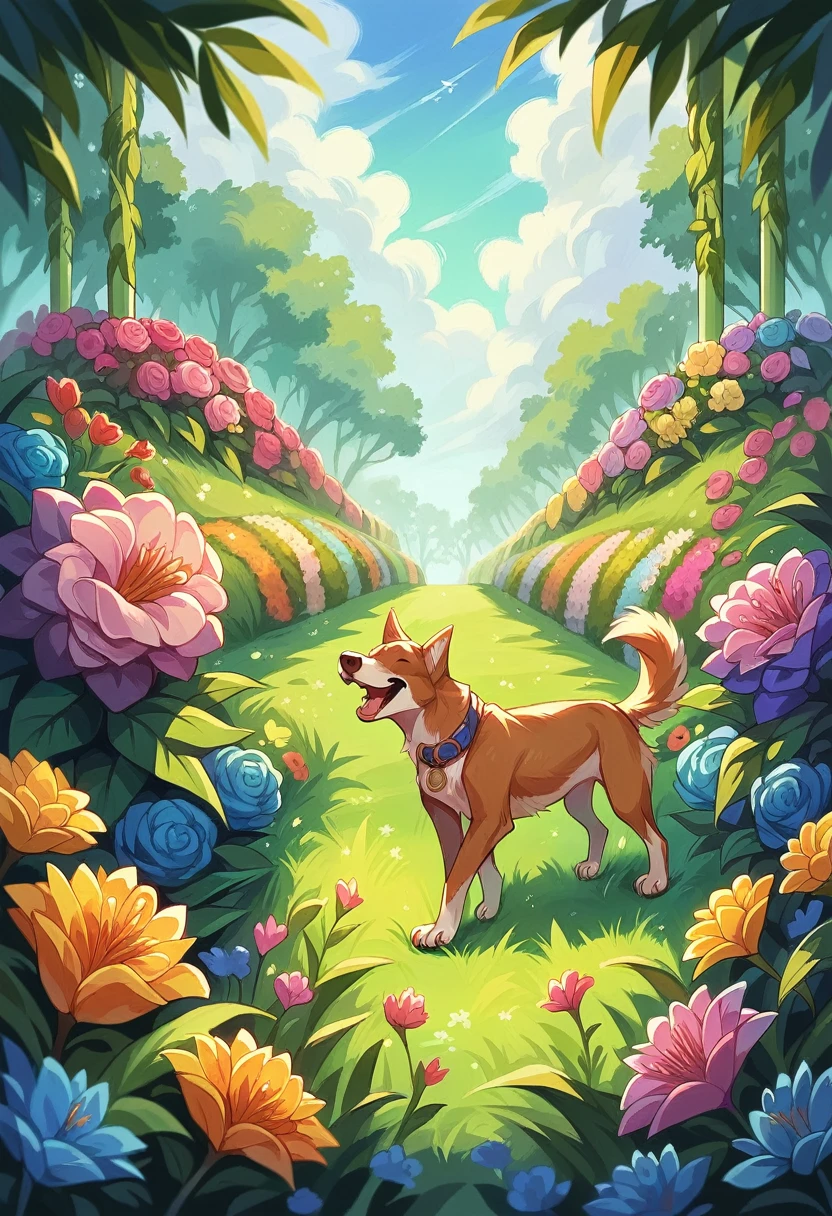 A playing with a dog in a vibrant, detailed garden. The scene is filled with bright, colorful flowers, lush green grass, and detailed landscaping. In the background, an arching rainbow adds a magical touch to the setting. The is laughing and the dog is joyful, both surrounded by the vivid beauty of the garden.