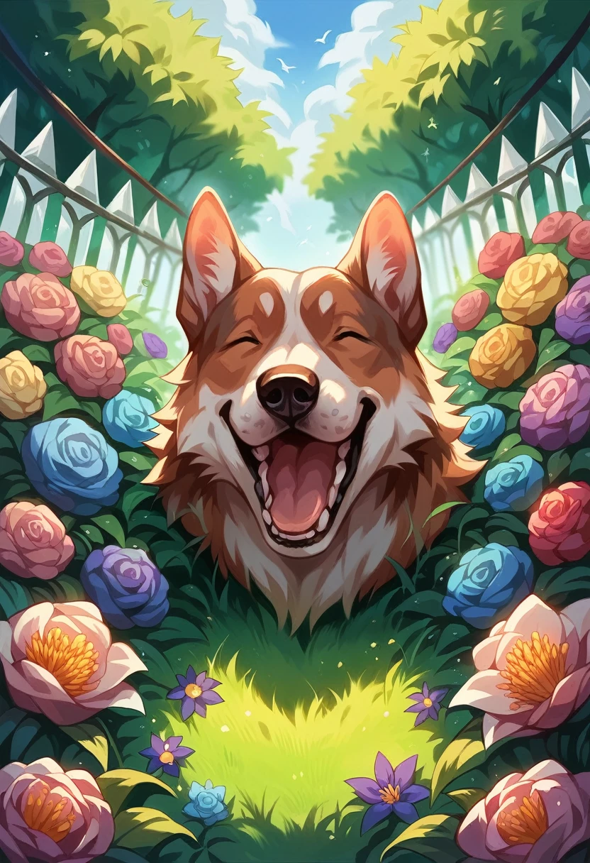 A  playing with a dog in a vibrant, detailed garden. The scene is filled with bright, colorful flowers, lush green grass, and detailed landscaping. In the background, an arching rainbow adds a magical touch to the setting. The  is laughing and the dog is joyful, both surrounded by the vivid beauty of the garden.