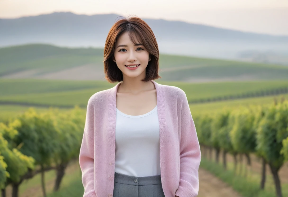 8k, ultra high resolution, best quality, masterpiece, 三分割法によるpicture,surreal, picture, 1 woman, (36 years old:1.3), Pretty Woman, Cute face, Beautiful Eyes in Every Detail, 細かくdetailedに,masterpiece,, a woman:1.2, Japanese female announcer,whole body,young wife,Light pink collared shirt and short luxury brand cardigan, casual pants, Italian countryside vineyard road, foggy vineyard at dawn, A cathedral can be seen in the distance in the fog., look up at the sky , profile, Full of cleanliness,a relaxed smile,heal the heart,short medium hair,Looking at the audience、beauty,long neck、Smile a little、Please shut your mouth and smile、(((ideal body type))),A cup small breasts :2,、portrait:2、complete anatomy、鮮明なdetailed、detailed、surreal、light and shadow,strong light, 캐논 16-35 광각렌즈 whole body샷, Show the pants part, Vivid picture quality, clearly, walking on a path