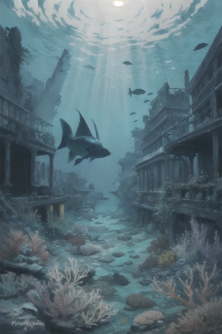 Using famous painting techniques and meticulous painting techniques, this masterpiece skillfully expresses scuba diving, many beautiful fish, beautiful coral reefs, ruins of an ancient underwater city, and a careful consideration of beautiful forms. It also uses a well-balanced color scheme with a variety of primary colors, emphasizes beautiful light and dark, diffuses light, and skillfully expresses a variety of vivid colors.