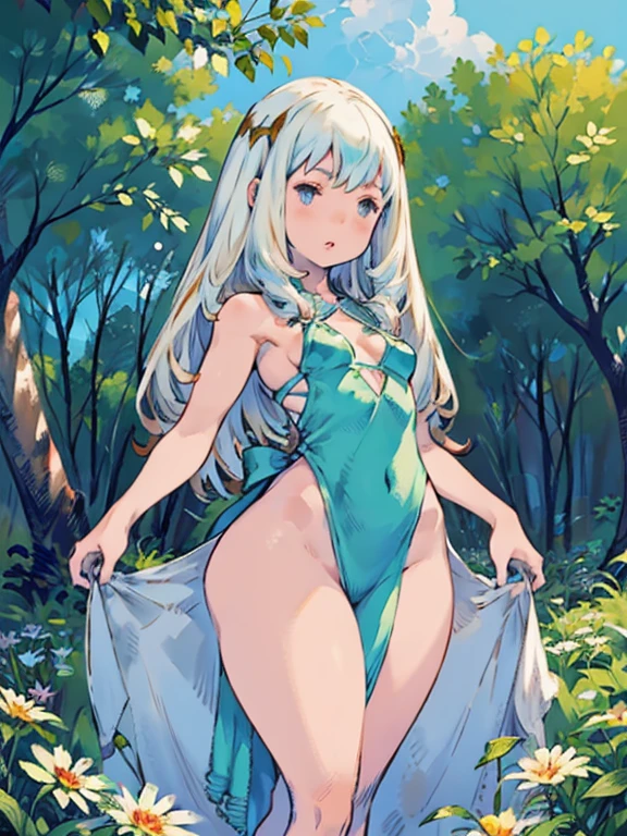 young girl 15 ,, very long hair that touches the ground, platinum ruby hair, iridescent eyes, very slim body , very small breasts, wide hips, lips shining with moisture, dressed in a very transparent white silk that barely covers her body and small breasts, very small young woman and thin , stops in a pasture