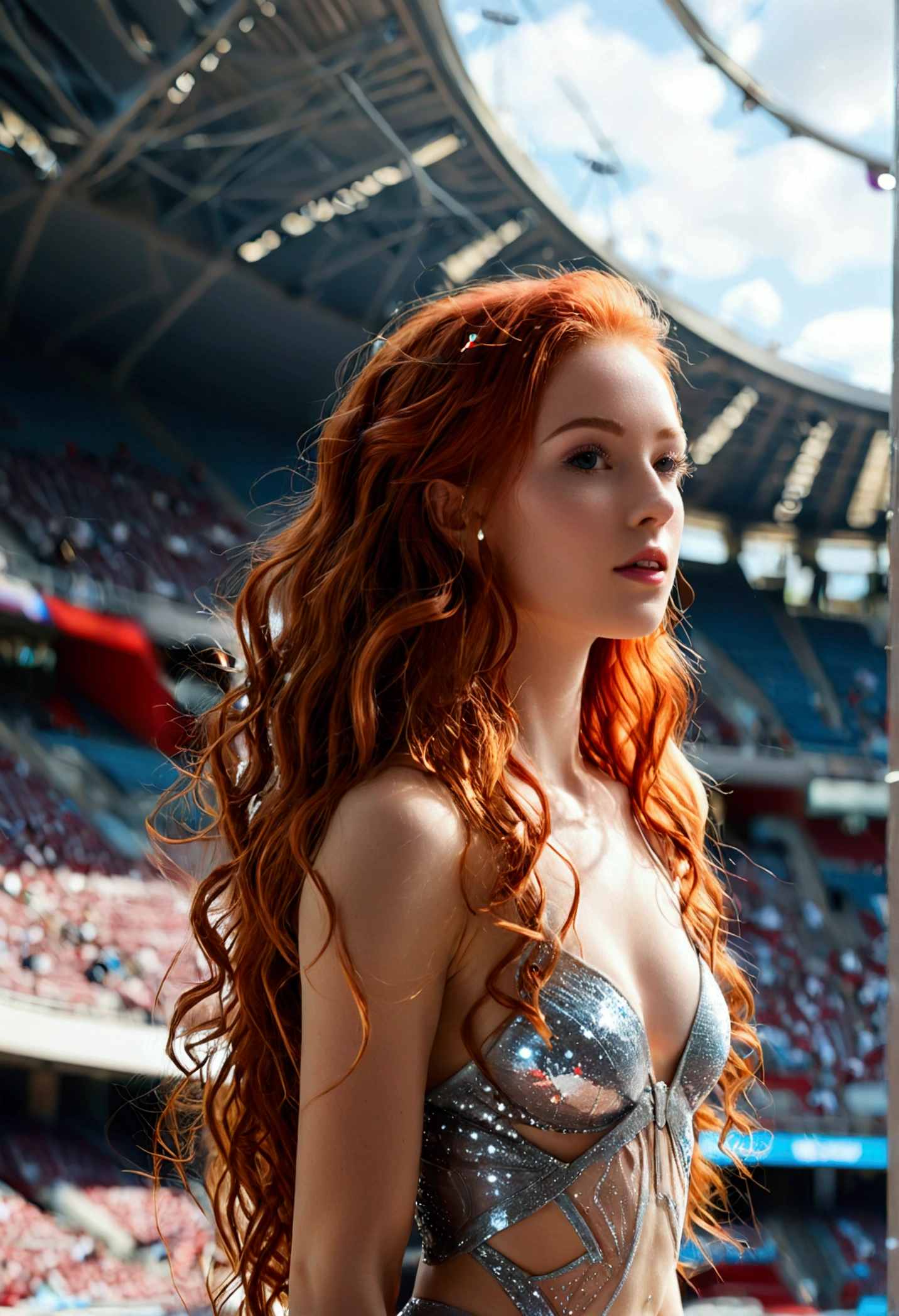 ultra realistic, photography, long red hair, girl, 24 years old, hourglass figure, perfect body, Flirty look, natural breasts, blur background, in the olympic stadium, jumping on a trampoline