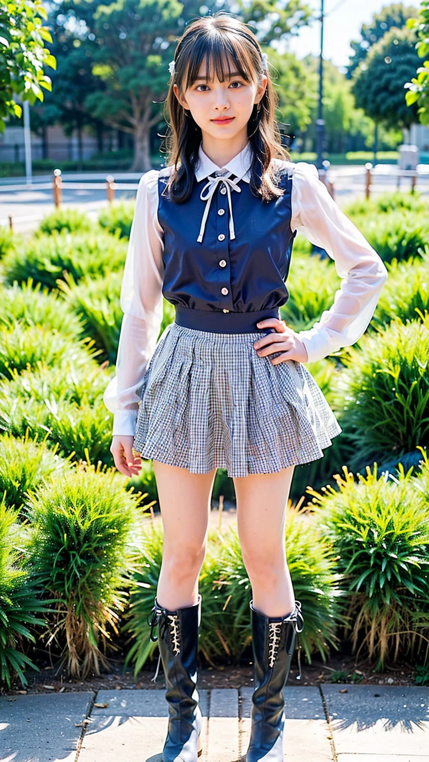 (8k、RAW Photos、Highest quality、masterpiece:1.2)、(Realistic、Realistic)、1 Girl、((See-through、Idol Costume、Exposed Skin、ribbon、Light blue and black checked mini skirt、Frilledium Hair、smile、whole body、boots、garden、View from the front、Looking at the camera、Hands on your hips))、cute