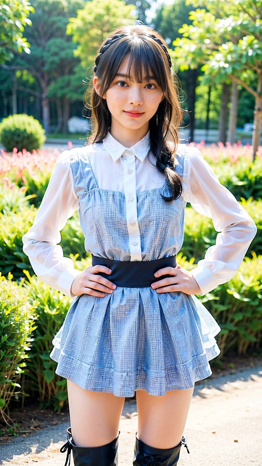 (8k、RAW Photos、Highest quality、masterpiece:1.2)、(Realistic、Realistic)、1 Girl、((See-through、Idol Costume、Exposed Skin、ribbon、Light blue and black checked mini skirt、Frilledium Hair、smile、whole body、boots、garden、View from the front、Looking at the camera、Hands on your hips))、cute