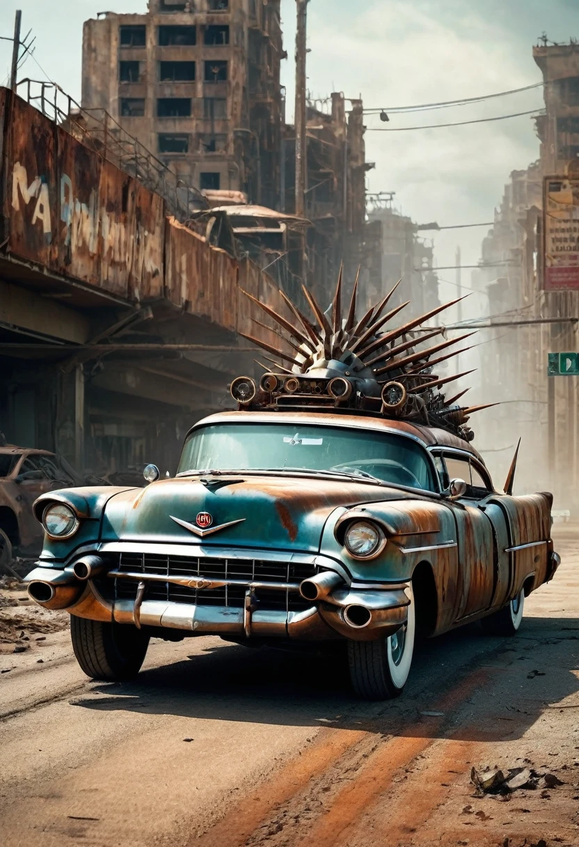 faithful image of an old rusty 1955 cadilac eldorado with METAL spikes on the hood, War vehicle, WITH MANY THORNS AROUND. THICK WHEELS, front with a rusty checkered metal anti-zombie grille; military style with modifications, the car races on a street suspended over a destroyed white concrete overpass in the center of a post-apocalyptic city with many buildings around, steampunk car, dramatic art, dieselpunk art style, apocalyptic road warrior vibe, there is a girl with sunglasses driving in the car, surreal digital art, mad max inspired, heavy metallic artwork, chrome face symmetry, arte steampunk digital, this&#39;It&#39;s not the Mad Max style, metallic art, this&#39;s not Filip Hodas&#39; artwork style, steampunk digital art, dieselpunk, in a hightech world, photo on the diagonal