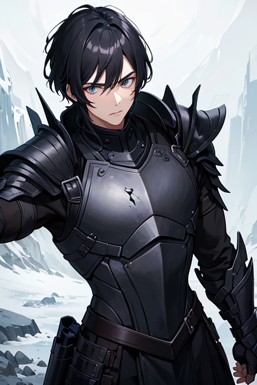 Male warrior in heavy black armor, no helmet with a scar on the left cheek and black hair with a thin fringe of hair in front and the rest in back