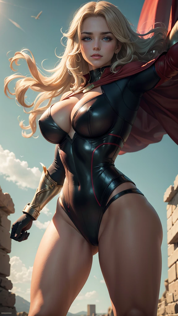 Power Girl da DC Comics,(best qualityer,4K,8k,high resolution,work of art:1.2)(weather: windy),battle ruins,Greece,long hair,ultra detailed,realisitic,portraite,beautiful detailed blue eyes,beautiful detailed lips,extremely detailed eye and face, long eyelashes,sexly,average,large breasts,cleavage,flying hair,gloves,beaming smile,powerful girl in a battle,combat stance,stunning curves,bright coloured,dramatic lighting,battle background,composition,red cape,