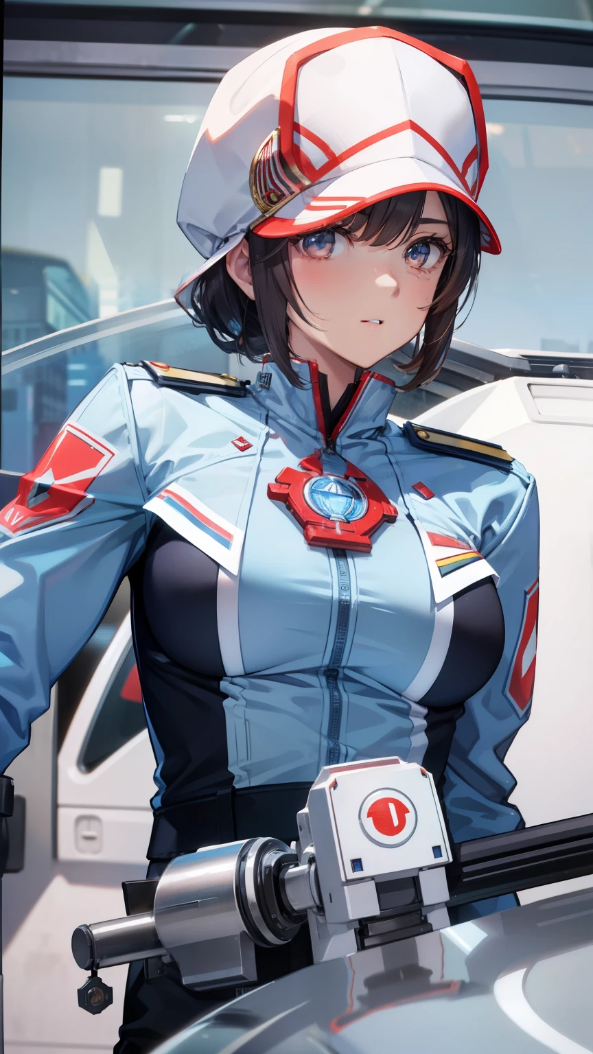 Ultraman female member Anna, with her stunningly beautiful face and model-like appearance, stands in front of a patrol car