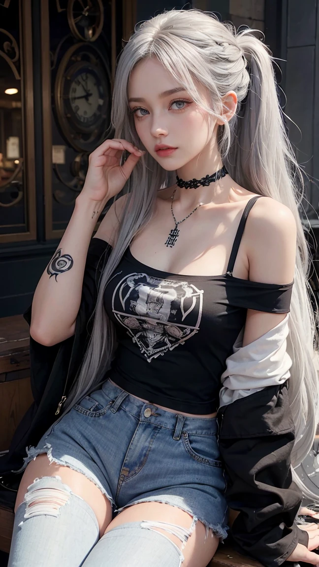 1 girl,gray hair, beautiful long hair,Beautiful, clear eyes,Long eyelashes. (Eyes with exceptional detail), ripped jeans, Medium sized chest, off shoulder, good strap, punk t-shirt, choker , tattoo, rock concert,tattoo,inside, Masterpiece, best quality, very beautiful, nonsense, newest,london clock tower background,stres london