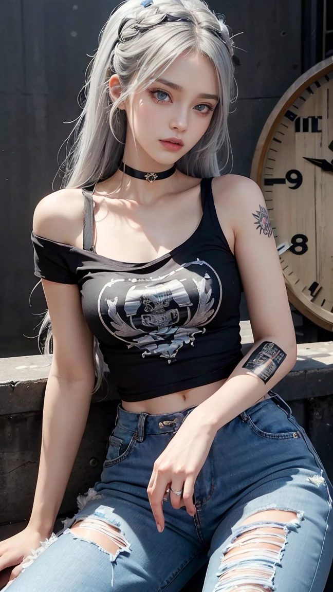 1 girl,gray hair, beautiful long hair,Beautiful, clear eyes,Long eyelashes. (Eyes with exceptional detail), ripped jeans, Medium sized chest, off shoulder, good strap, punk t-shirt, choker , tattoo, rock concert,tattoo,inside, Masterpiece, best quality, very beautiful, nonsense, newest,london clock tower background,stres london