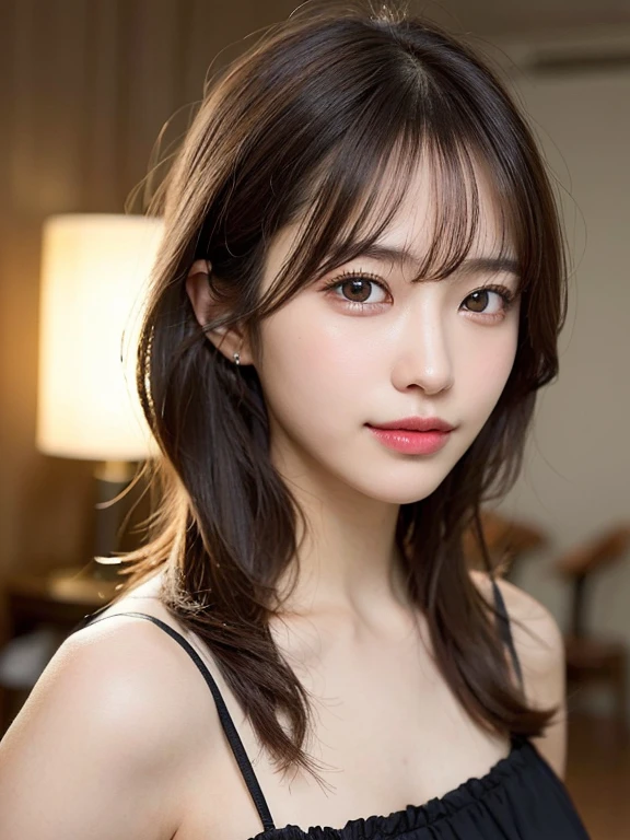 (masterpiece:1.3), (8k, Photorealistic, RAW Photos, Best image quality: 1.4), 20-year-old girl、(Random Hairstyles:1.2)、Super detailed face、Attention to detail、double eyelid、Sharp focus:1.2、Beautiful woman:1.4、Light brown hair、Highest quality、masterpiece、Ultra-high resolution、(Photorealistic:1.4)、Highly detailed and professional lighting、Brown nits、thin、smile、Black long hair、Deadly position、Clear Skin、Random pose、Shiny Hair、Sculpture model pose、