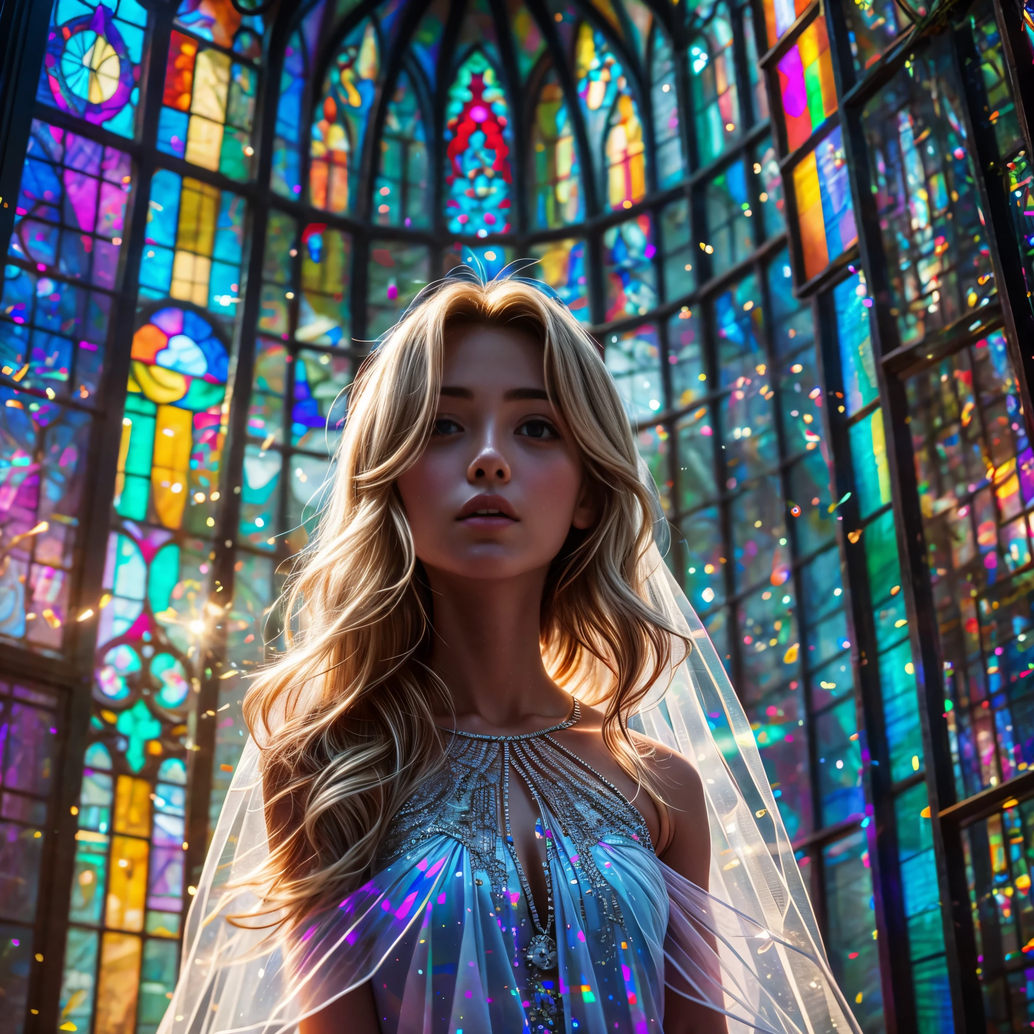 (Cathedral from below:1.28) (ZoomLayer) TopQuality 8K masterpiece of ((Professional photo)), (((Clarisse de Cagliostro))) (Detailed White WeddingDresses), Chain, (((Extremely detailed KAWAII face))) {((VeiledFace))|BlondeHair|(Elaborate BuleEyes)with(SparklingHighlights:1.28)}, The background is distant (((Elaborate stained glass))) Rainbow Glass, {(MysticSight)|EnchantingAtmosphere|Haze|(GodRays)|TyndallEffect}, Radiant PearlSkin with Transparency, (Exposed:0.39)