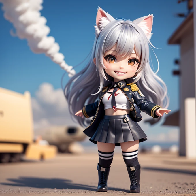 Chibi Character, A silver-haired girl with cat ears wearing a military uniform, smile, mini skirt, See-through tights, Combat Boots, Open chest, (Grin:1.3), Air strikes in the background