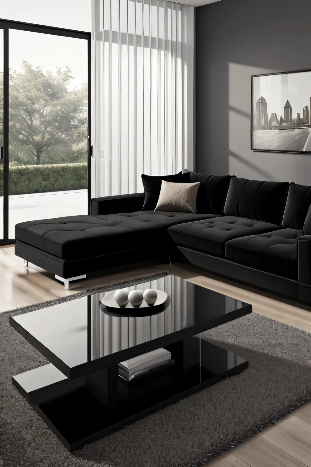 Professional 3d architecture rendering design of modern and minimal and chic dark Sacramento velvet sofa and black slab stone middle table and modern accessories and modern windows and sofa