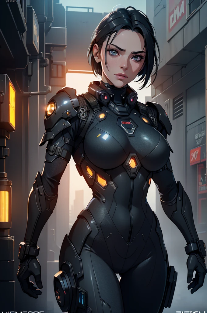 A young woman in a form-fitting combat bodysuit, wearing a gas mask,short hair, golden and black suit, bracelets, and combat gloves, striking a sensual pose with chest armor, (best quality,4k,8k,highres,masterpiece:1.2),ultra-detailed,(realistic,photorealistic,photo-realistic:1.37),detailed face,beautiful detailed eyes,beautiful detailed lips,extremely detailed eyes and face,longeyelashes,highly detailed,intricate details,hyper realistic,cinematic lighting,dramatic lighting,dark and moody,dark fantasy,sci-fi,cyberpunk,futuristic,gritty,dystopian,