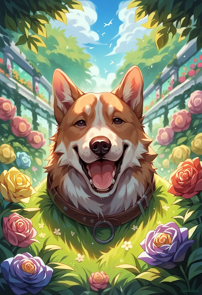 A playing with a dog in a vibrant, detailed garden. The scene is filled with bright, colorful flowers, lush green grass, and detailed landscaping. In the background, an arching rainbow adds a magical touch to the setting. The is laughing and the dog is joyful, both surrounded by the vivid beauty of the garden.