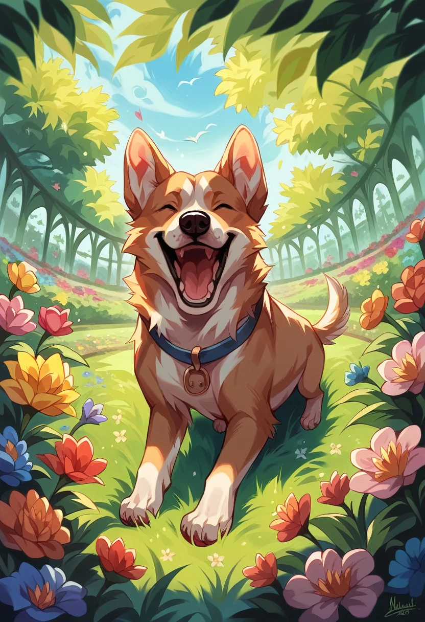 A  playing with a dog in a vibrant, detailed garden. The scene is filled with bright, colorful flowers, lush green grass, and detailed landscaping. In the background, an arching rainbow adds a magical touch to the setting. The  is laughing and the dog is joyful, both surrounded by the vivid beauty of the garden.