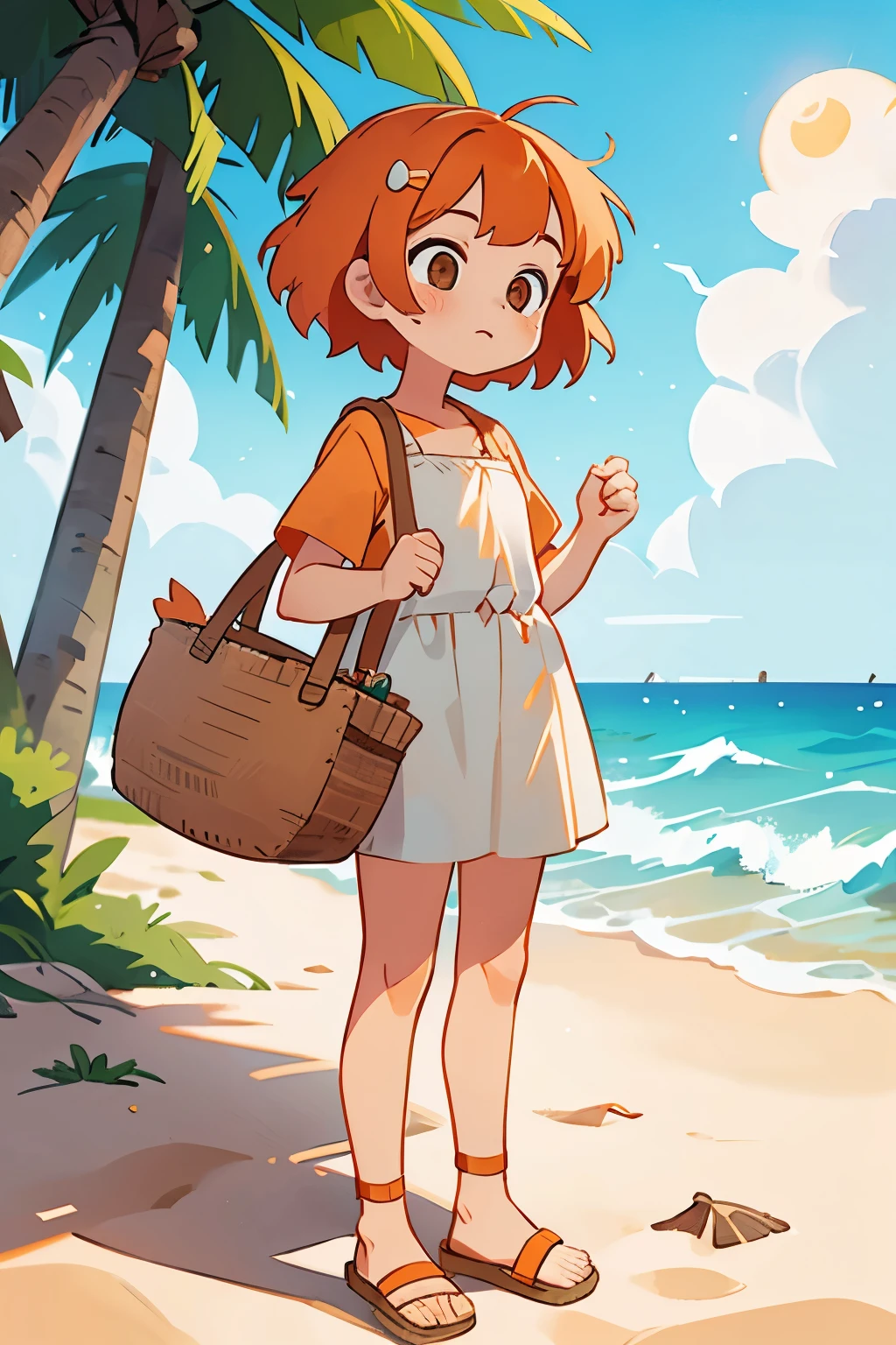 girl with short orange hair, with sun clips, with beach clothes