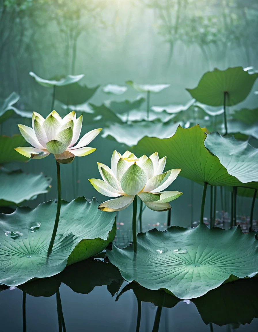 The main body of the image is a lotus pond with a few lotus leaves, made of glass, the texture of the leaves is clearly displayed, and the background is Gaussian blurred , Frosted, Light Green, Translucent , miniamalism --stylize 250.0, full body portrait, comic illustration in the style of Jim Lee --ar 2:3 --v 6.0 designed digital art, trending digital fantasy art,stephen lau and artgerm, as seen on artgerm, artgerm julie bell beeple, stanley artgerm lau, artgerm and ben lo, portrait of , artgerm on artstation pixiv
