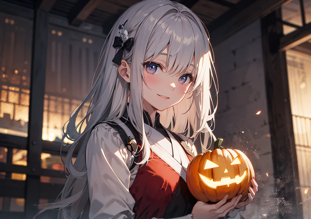 Realistic photos, Focus distance 10mm, Red and white, A big smile, Beautiful girl, Realistic photos, Focus distance 10mmで撮影, masterpiece, 最high quality, high quality, Very detailed CG 8k wallpaper unit, Award-winning photography, Depth of written boundary, High resolution, bloom, chromatic aberration, Realistic, Very detailed, Art Station Trends, CGsociety Trends, Complex, High detail, dramatic, Art on the go, volumetric lighting, Halloween Night、A scene of a beautiful monk girl in Monk Mode quietly praying in an old temple.