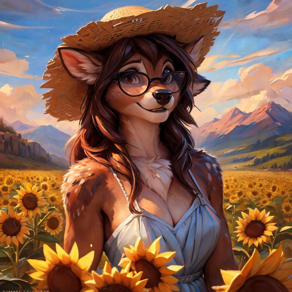 uploaded on e621, artstation, by Pixelsketcher, by Bayard Wu, by Thomas Benjamin Kennington , by Einshelm, by hioshiru and kenket, Chunie, portrait, solo anthro female deer doe, with small featureless breasts, clear dark blue, cinematic lighting, day, sunny day, sunflower field, stands in a high sunflower field, sunflower field background, sunflowers, mediterranean background, horizon background, shiny, chin short curly dark brown hair, wears big black nerd glasses, very very beautiful furry art, furry art, smiling, joyful, shiny, happy, feminine, cute face, muzzle, fluffy chest, flawless face, Fallow deer, 1girl, Sakimichan is beautiful, Masterpiece, Wavethesallow Face, shiny, Detailed image, portrait, Detailed image, portrait, full body, wearing pure white and wide spaghetti straps dress, wearing big and wide beige summer straw hat, shiny, realistic face, perfect ???????, hourglass body, (furry body:1.1), anthropomorphic deer, looks at the viewer, detailed background, (cute ???????:1.1)
