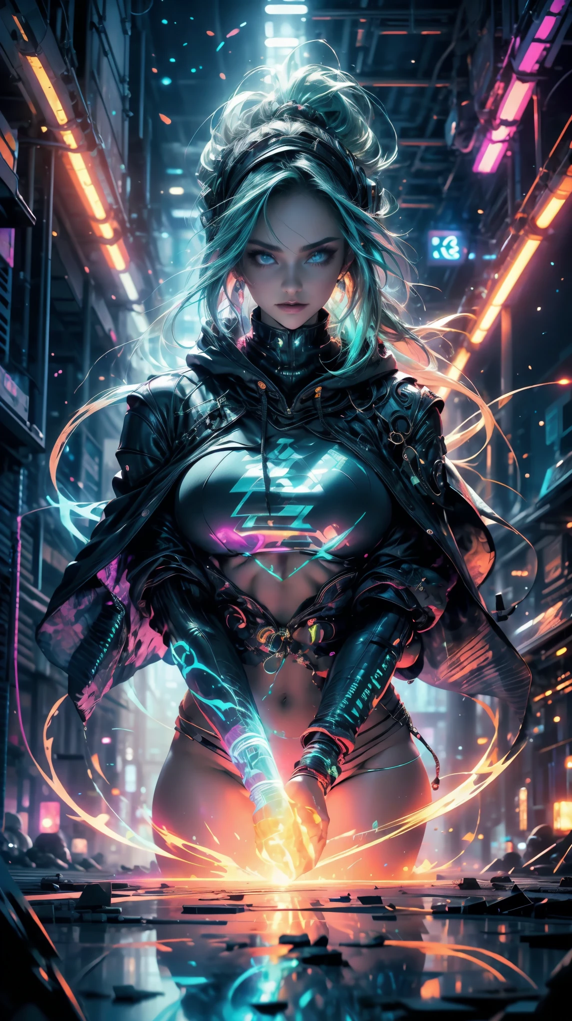 In the heart of the cyberpunk universe a young beautiful woman with glowing neon green middle hair, oversize hoodie with phosphorescent lines, Energy rays emanated from her body. in a cyberpunk night city, creates a underground criminal movie atmosphere, futuristic buildings adorn every corner of the city in night. dynamic angle, capturing the intensity of the moment, fine quality cyan eyes, intense cyan eyes, looking at the camera, ultra detailed, Beautiful and aesthetically pleasing, masterpiece, Best quality score, Extremely detailed, dynamic angle, raytraced, middle body, close up, energy particles, cyberpunk hoddie, headphones around the neck, oversize hoodie with phosphorescent lines, Urban jewelry. anime style