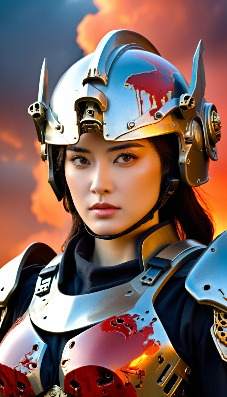 Close-up of a ((extremely beautiful female warior)) , half human, half machine, their faces a bit partially obscured by military helmets. Their eyes are filled with sadness and longing. The background is a trail of blood and violence. SHe wears a mechanized robot armor, carved with animal elements, human skulls. The sky is filled with swirling, fiery clouds. The photo conveys a strong sense of the warrior's appearance