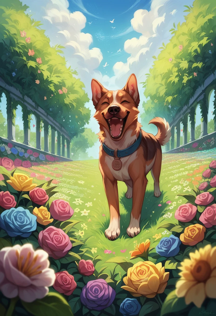 A playing with a dog in a vibrant, detailed garden. The scene is filled with bright, colorful flowers, lush green grass, and detailed landscaping. In the background, an arching rainbow adds a magical touch to the setting. The is laughing and the dog is joyful, both surrounded by the vivid beauty of the garden.