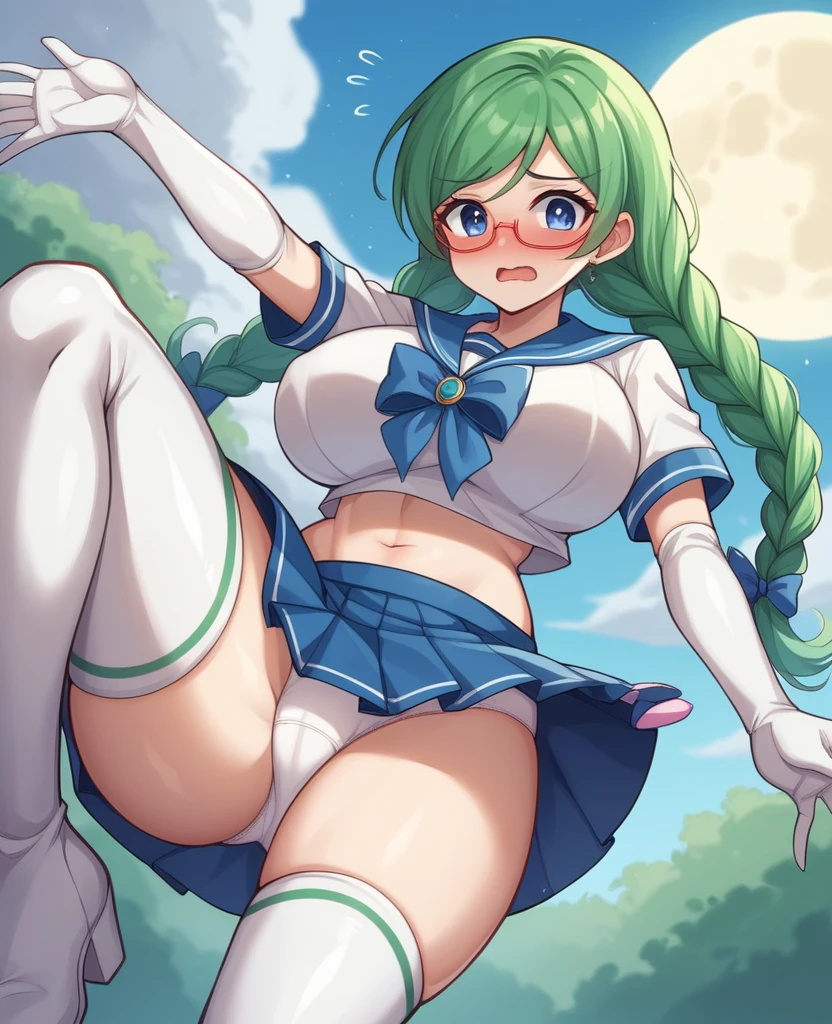 One Woman、Braided twin tails、Huge breasts、（Huge breasts：1.8)、Glasses、blue eyes、Green Hair、,((Sailor Warriorini skirt))、((Embarrassed expression))、((full moon))、((Picture below))、((Thigh-high boots))、((length))、((White length Gloves))、((White panties))